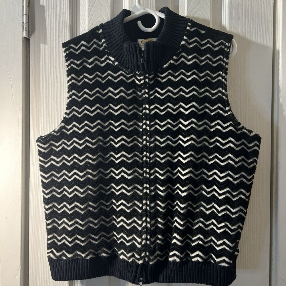 Talbots Women's Full Zip Sweater Vest Black White Chevron Zig Zag Knit Sz XL
